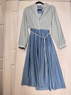 ViTG 1970s UNION MADE Blue Pleated Long Sleeve Dress with Braided Belt